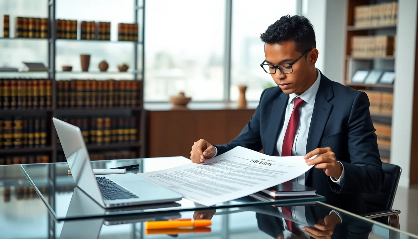 real estate consultant reviewing a property title in a modern office.