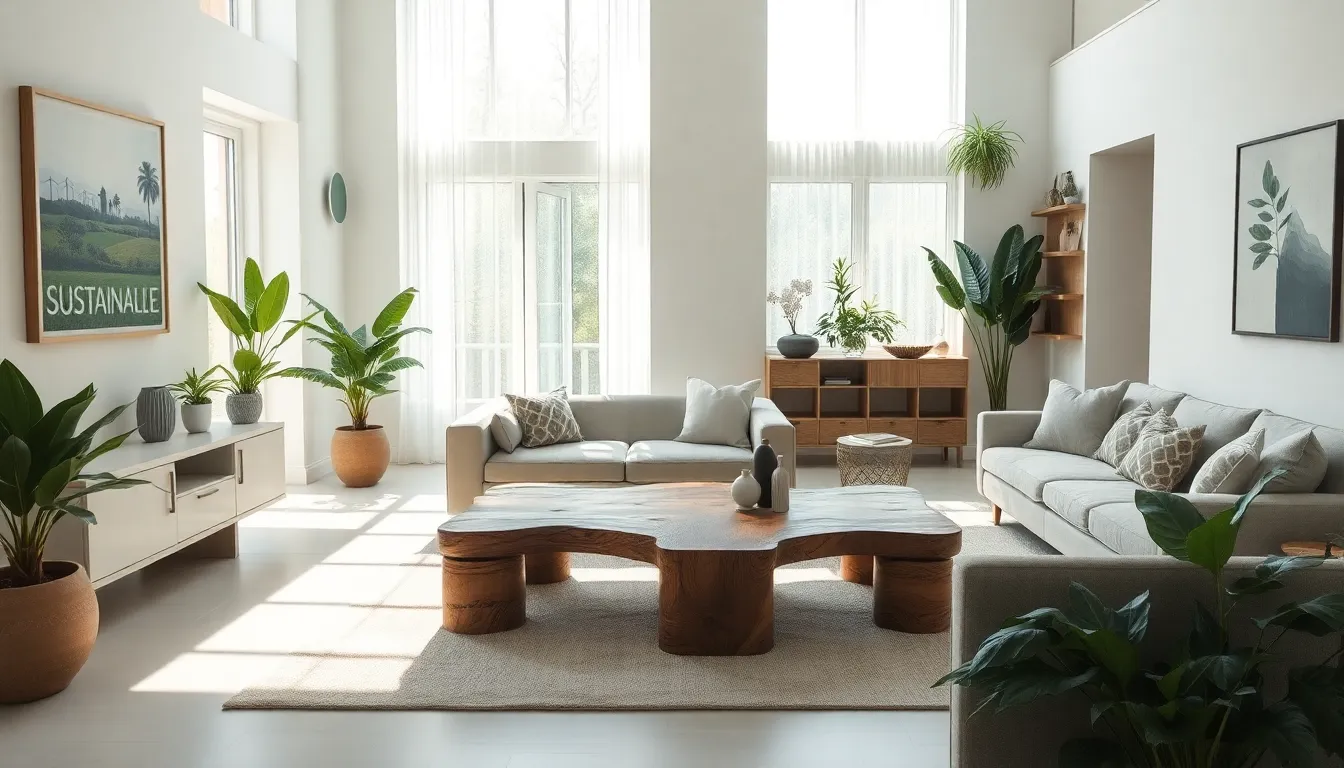 modern living room featuring sustainable furniture and decor.