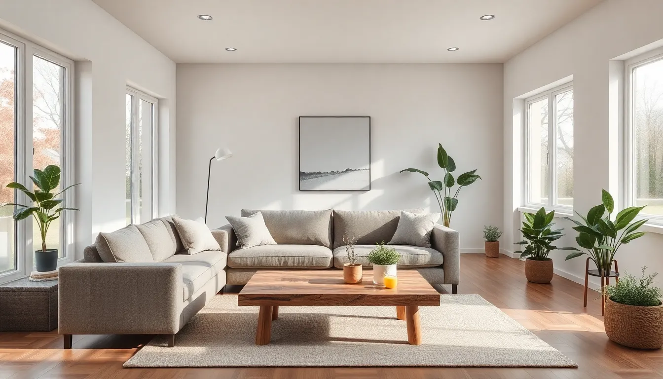 modern eco-friendly living room with sustainable materials.