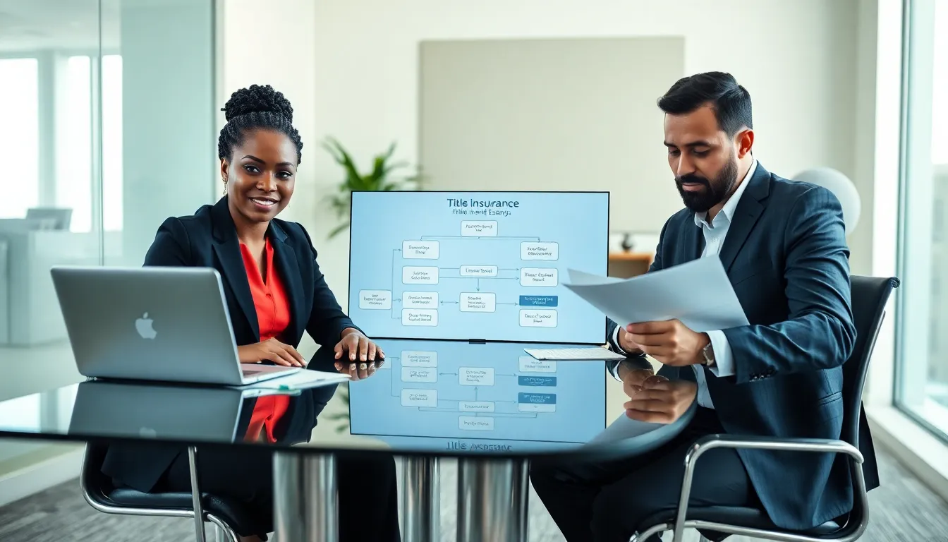 diverse team discussing title and escrow services in a modern office.