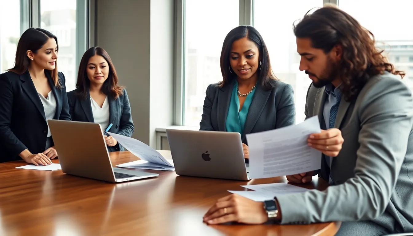 diverse real estate team discussing title insurance in a modern office