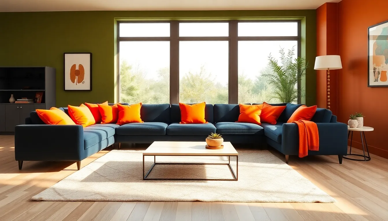 vibrant living room with navy sofa and neon orange cushions.
