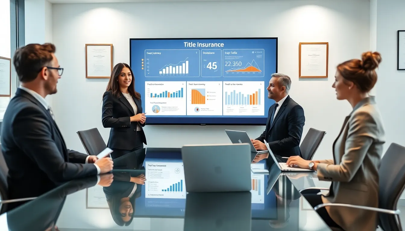 real estate professionals discussing title insurance in a modern office.
