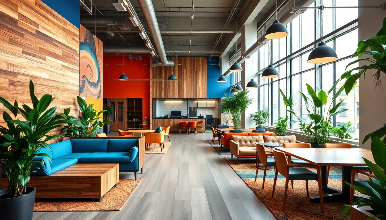 modern office showcasing 2019 interior design trends with vibrant colors and greenery.