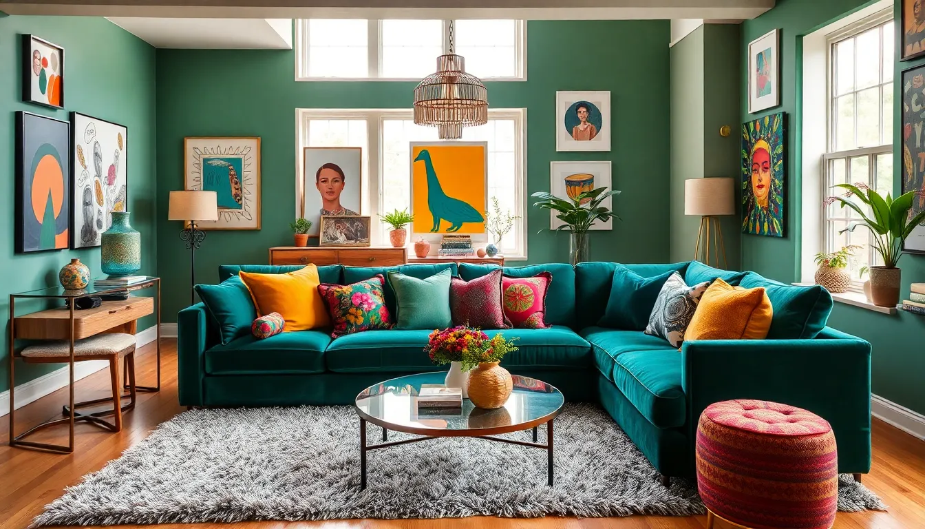 colorful living room showcasing maximalism in interior design.