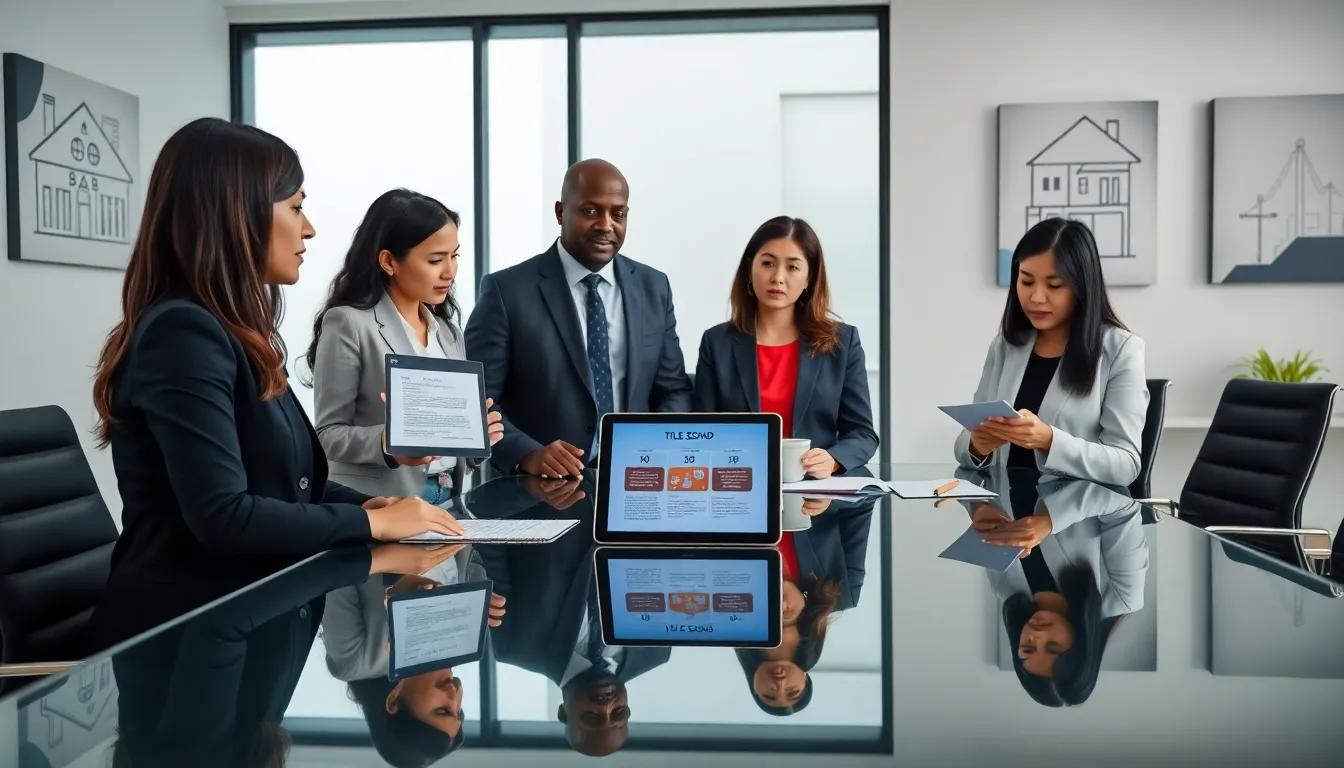 diverse team discussing title and escrow processes in a modern office.