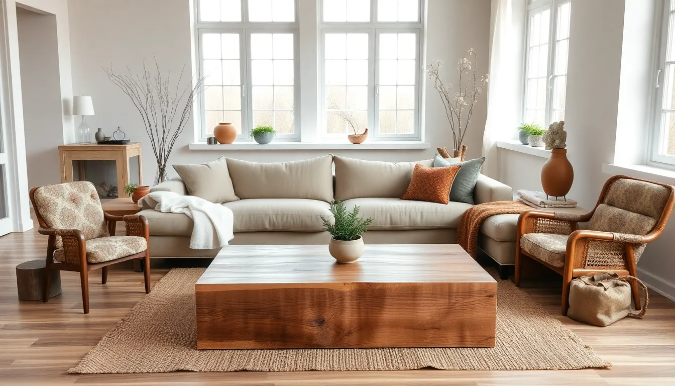 modern living room featuring natural materials and upcycled furniture.