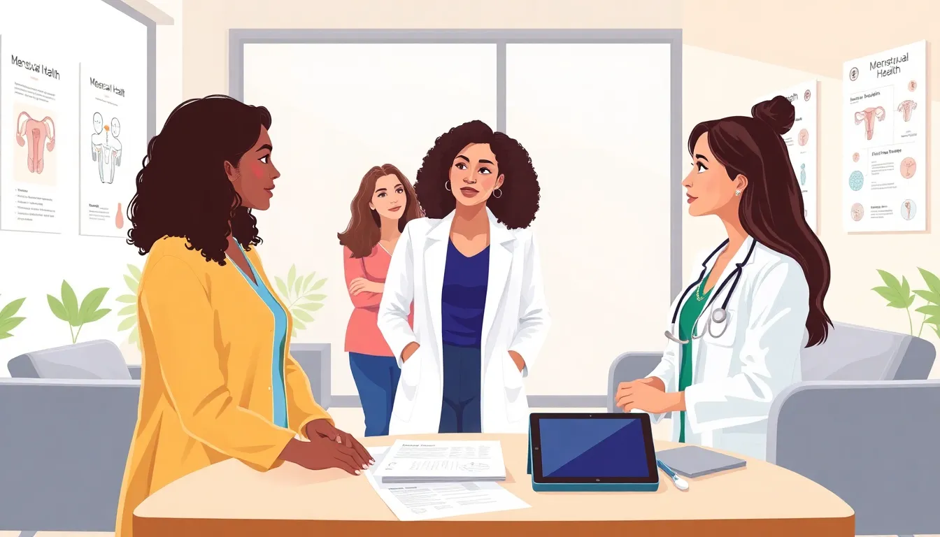diverse women discussing menstrual health in a modern healthcare office.